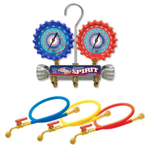 Uniweld A2LSM5BV Juego Manometro Spirit R-32/R-454B/R-448A/R-410A Fahrenheit psi Mangueras 5 pies con llave de Cierre

