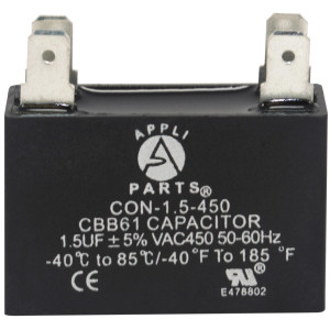 Appli Parts Condensador Capacitor de ventilador 1.5 mfd (microfaradios) uf 450VAC con conectores compatible con cualquier marca de igual capacitancia 3.4cm Ancho 1.4cm Profundidad 3.2cm Alto CAP-1.5-450