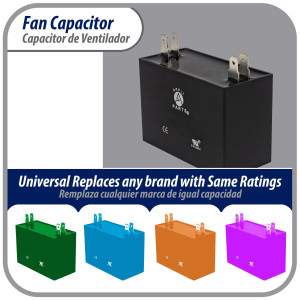 Appli Parts Fan motor Capacitor 1.5 mfd (microfarads) uf 450VAC CBB61 with 4 Terminal connections universal fit for electric fan applications  1-3/8in Width 1/2in Depth 1-1/4in Height CAP-1.5-450