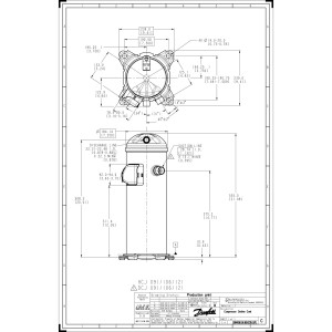 Danfoss DCJ106T2LC8A 9 tons 106,000 btu/h R410A R454B Scroll compressor for Air conditioning 208-230/3/60 V/Ph/Hz Discharge 7/8 in, Suction 1-1/8 in, ODF, PVE Oil 121L8595, 121L5011, 121L5010