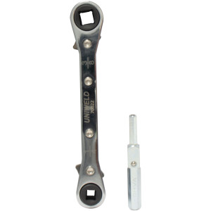 Uniweld 70022 Ratchet Wrench, 1/4 and 3/16 in Square opening, 3/8 and 5/16 in Square opening, with 3/16 and 5/16 in Dual Hex Valve Adapter