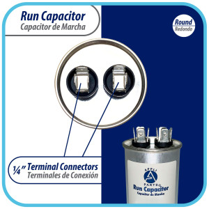 Appli Parts Run Capacitor for ac 50 Mfd uF (microfarads) 370 VAC or 450 VAC CBB65 Round Universal fit for hvac and other applications 4-3/4 in High 2 in Wide CON-50-450