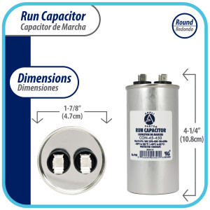 Appli Parts Condensador Capacitor de Marcha 45 Mfd uF (microfaradios) 370VAC o 450VAC CBB65 Universal Aire acondicionado y otras aplicaciones Redondo UL E476928 10.8cm Alto 4.7cm Ancho CON-45-450