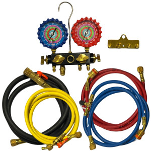 Uniweld Q4N85SMEZ Manifold Aluminum 4 Valves R410a,R134a,R22, 5 ft Soft Magic hoses, EZ-Turn Anti-Blow Back 48701