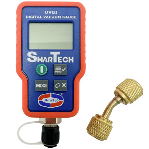 Uniweld UVG3 Smartech Digital Vacuum Gauge, Backlit Display. 0-15000 Micron Range
Max Over pressure 500psi, UVGA adapter Included
Requires 1 CR132AA Battery (included)