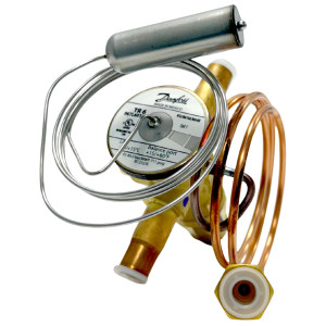 Danfoss 067L6010 7TR Valvula de Expansion Termostatica, TR 6, R410A,R454B,R32, 3/8x3/8 pulg Soldable, ODF, 1/4 pulg Tubo Cap. Flare, Troquel flecha 1-Via, -10 a 15 C