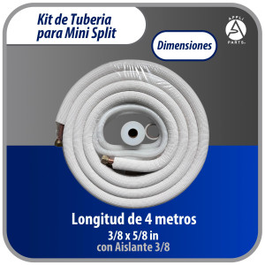Appli Parts APLS-K38583813 Kit de Tuberia Mini Split 3/8 x 5/8 in, 4 m, con Aislante 3/8, Manguera Desague, Cinta Momia y Cinta Teflon. Fabricado en cobre y aluminio 
