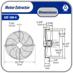 Appli Parts AXF-500-4 Extractor Axial 500 mm (19-3/4 pulg) 220-440 V, 3 ph, 60 Hz, 500 W, 1550 rpm, Rango Temperatura -30 C a 60 C, incluye aspa y base tipo jaula