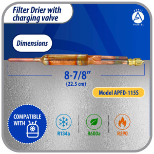 Appli Parts APFD-115S Copper Liquid line filter dryer with Charging Service Valve 1/4 x 1/4 in 15g 0.53oz for universal refrigeration and air conditioner applications 