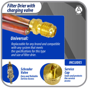 Appli Parts APFD-115S Copper Liquid line filter dryer with Charging Service Valve 1/4 x 1/4 in 15g 0.53oz for universal refrigeration and air conditioner applications 