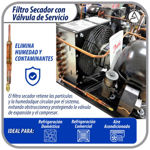 Appli Parts APFD-115S 10 Unidades de Filtro Secador con conexion 1/4 x 1/4 pulg 15 gramos, con valvula de gusanillo, para uso en sistema de refrigeracion y aire acondicionado