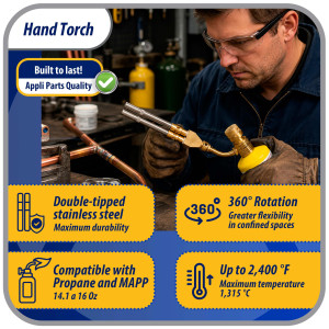 Appli Parts APHT-1D2 Double Burner Hand Torch for Soldering Brazing with Map or Propane Fuel Swivel Tip for uses in plumbing refrigeration air conditioning and more