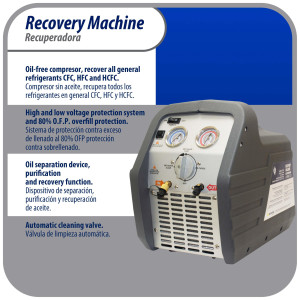 Appli Parts APRRM-121 Maquina recuperadora de refrigerante 1/2 Hp, 110 V, 60Hz, portable funciona con multiples refrigerantes, incluye filtro secador y manguera