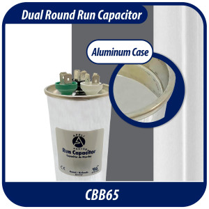 Appli Parts Dual Run Capacitor for ac 40+5 Mfd uF (microfarads) 370 VAC or 450 VAC CBB65 Round Universal fit for hvac and other applications 4-3/4 in High 2 in Wide CON-40/5-450