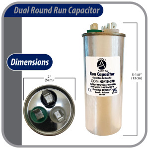 Appli Parts Dual Run Capacitor for ac 40+10 Mfd uF (microfarads) 370VAC CBB65 Round Universal fit for hvac and other applications 2 in Wide 5-1/8 in Height CON-40/10-370-R 