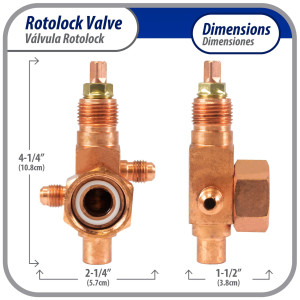 Appli Parts APRV-VA01 Valvula Rotolock V01 1 pulg x 3/8 pulg Soldable con puertos de acceso de 1/4 pulg Universal para sistemas de refrigeracion y aire acondicionado