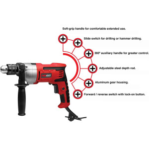 Promaker 1/2in Hammer Drill PRO-TP800
Voltage - Frequency: 120V - 60Hz
Amperage: 7.0AMP
Power: 800W
Speed: 0-2800rpm
Chuck size: 1/2in (13mm)
Weight: 5.06Lb
Cord: 6.5ft