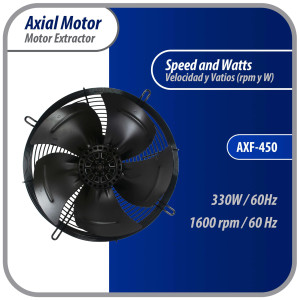 Appli Parts AXF-450 Extractor Axial 450 mm (17-3/4 pulg) 220 V, 1 ph, 60 Hz, 330 W, 1600 rpm, Rango Temperatura -30 C a 60 C, incluye aspa y base tipo jaula