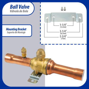 Appli Parts APBV-078 7/8 in Shut Off Ball Valve ODF Universal Replacement 610 psi (4.2 Mpa) max pressure -22 F to 248 F work temperature with 1/4 in SAE service port, with 7-7/8 in overall length