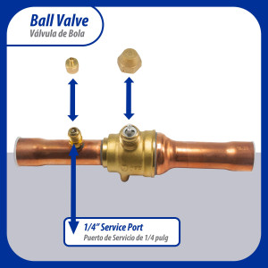 Appli Parts APBV-078 Valvula de Cierre 7/8 in tipo Bola de conexion soldable con puerto de servicio SAE de 1/4 in, presion maxima de trabajo 610 psi temperaturas de -30 C a 120 C longitud total 200mm