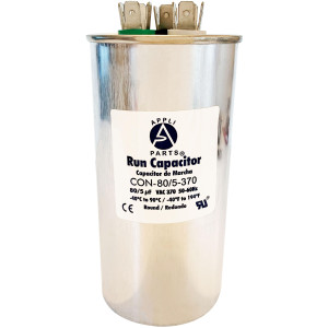 Appli Parts Dual Run Capacitor for ac 80+5 Mfd uF (microfarads) 370VAC CBB65 Round Universal fit for hvac and other applications 2-1/2 in Wide 5-1/4 in Height CON-80/5-370-R  