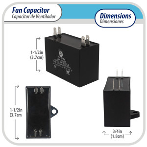 Appli Parts Condensador Capacitor de ventilador 3 mfd (microfaradios) uf 450VAC con conectores compatible con cualquier marca de igual capacitancia 3.7cm Ancho 1.8cm Profundidad 3.7cm Alto CAP-3-450