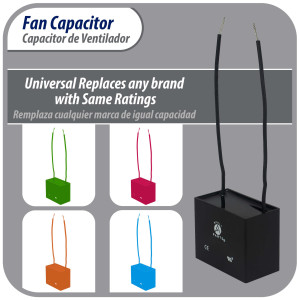 Appli Parts Condensador Capacitor de ventilador 9 mfd (microfaradios) uf 250VAC con 2 cables compatible con cualquier marca de igual capacitancia 4.7cm ancho x 2.6cm prof x 3.7cm alto CAP-9-250-2C