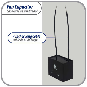 Appli Parts Fan Capacitor 9 mfd (microfarads) uf 250 VAC with 2 Wire Terminal Connections compatible with any brand with same capacitance 2-1/4in Width 3/4in Depth 1-3/8in Height CAP-9-250-2C