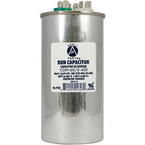 Appli Parts Dual Run Capacitor for ac 60+5 Mfd uF (microfarads) 370VAC or 450VAC CBB65 Round Universal fit for hvac and other applications 5-1/8 in High 2-1/4 in Wide CON-60/5-450