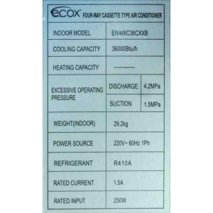 4 Way Cassette 36.000btu R410 230v/60hz/1ph Ecox Inverter Eiv4wc36cxxb (Only With Eivcu036cxxb)
