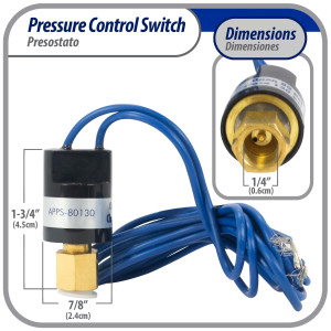 Appli Parts APPS-80130 Low Pressure control switch R410, Open 80 psi, Close 130 psi, 40 in Cable, SPST, 1/4 SAE female connection, Automatic Reset, universal replacement for Air Conditioning Applications 
