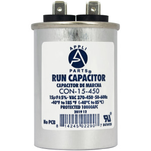 Appli Parts Condensador Capacitor de Marcha 15 Mfd uF (microfaradios) 370VAC o 450VAC CBB65 Universal Aire acondicionado y otras aplicaciones Redondo UL E476928 7.5cm Alto 4.1cm Ancho CON-15-450