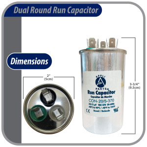 Appli Parts Condensador Capacitor de Marcha 20+5 Mfd uF (microfaradios) 370VAC CBB65 Universal Aire acondicionado y otras aplicaciones Redondo UL E476928 5cm Ancho 9.5cm Alto CON-20/5-370-R