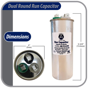 Appli Parts Dual Run Capacitor for ac 45+7.5 Mfd uF (microfarads) 370VAC CBB65 Round Universal fit for hvac and other applications 2 in Wide 5-3/8 in Height CON-45/7.5-370-R  