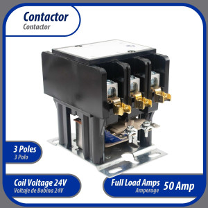 Appli Parts APAC-35024 Contactor 3 Polos 50A 24V Bobina Repuesto para Compresores de CA y Aplicaciones Electricas Certificacion UL E476929 de Trabajo Pesado
