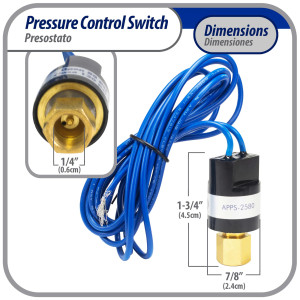 Appli Parts APPS-2580 Valvula Presostato R22 Baja, Abre 25 psi, Cierra 80 psi, 1 m Cable, SPST, 1/4 SAE Hembra, Reset Automatico, remplazo Universal para Aire Acondicionado