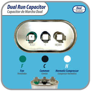 Appli Parts Dual Run Capacitor for ac 45+5 Mfd uF (microfarads) 370VAC CBB65 Oval Universal fit for hvac and other applications 2-3/4in Wide 1-3/4in Depth 4-3/4in High CON-45/5-370