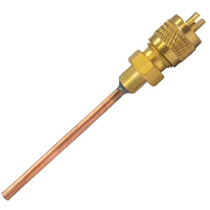 Appli Parts Valvula de acceso de 1/4 SAE x 1/8 pulg OD x con vastago de cobre de 5cm de largo con nucleo y tapa de laton con removedor de nucleo y empacadura APVS-14182