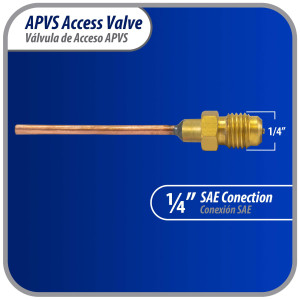Appli Parts Valvula de acceso de 1/4 SAE x 1/8 pulg OD x con vastago de cobre de 5cm de largo con nucleo y tapa de laton con removedor de nucleo y empacadura APVS-14182