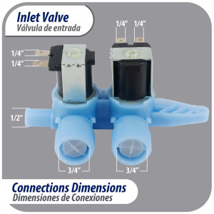 Appli Parts APIV-2112 Valvula de entrada de agua para lavadoras 2 Entradas de 3/4 NPT y 1 Salida 1/2 conexion rapida 110-120V 50/60Hz remplazo universal para lavadoras GE WH13X10024 y otras marcas