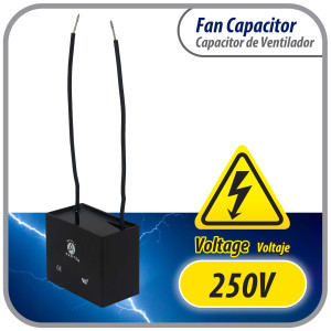 Appli Parts Fan Capacitor 3.5 mfd (microfarads) uf 250 VAC with 2 Wire Terminal Connections compatible with any brand with same capacitance 1-7/8in Width 1/2in Depth 1-1/8in Height CAP-3.5-250-2C