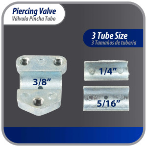 Appli Parts APT-PV110 Valvula perforadora 1/4, 5/16 o 3/8 pulg, tipo bala con adaptadores y sello para sistemas de refrigeracion con puerto de servicio SAE de 1/4 pulg