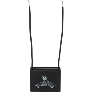 Appli Parts Fan Capacitor 6 mfd (microfarads) uf 250 VAC with 2 Wire Terminal Connections compatible with any brand with same capacitance 1-7/8in Width 3/4in Depth 1-3/8in Height CAP-6-250-2C
