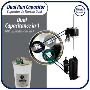 Appli Parts Dual Run Capacitor for ac 60+7.5 Mfd uF (microfarads) 370VAC or 450VAC CBB65 Round Universal fit for hvac and other applications 5-1/4 in High 2-1/4 in Wide CON-60/7.5-450