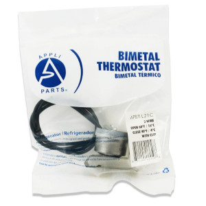 Appli Parts APBT-L21C Bimetal Thermostat Asian Type 2 Wire Open 60 F and Close 40 F with Clip, black and black wires, Model Reference BIM-21 / Thermodisc Appli Parts APBT-L21C Bimetal Thermostat Asian Type 2 Wire Open 60 F and Close 40 F with Clip, black and black wires, Model Reference BIM-21 / Thermodisc