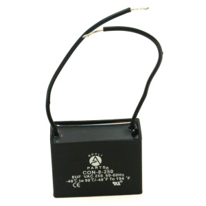 Appli Parts Fan Capacitor 8 mfd (microfarads) uf 250 VAC with 2 Wire Terminal Connections compatible with any brand with same capacitance 1-7/8in Width 7/8in Depth 1-3/8in Height CAP-8-250-2C