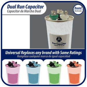Appli Parts Dual Run Capacitor for ac 60+10 Mfd uF (microfarads) 370VAC or 450VAC CBB65 Round Universal fit for hvac and other applications 5-1/4 in High 2-1/4 in Wide CON-60/10-450