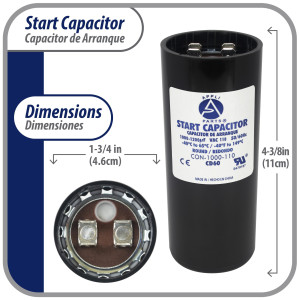 Appli Parts Condensador Capacitor Arranque 1000-1200 Mfd (microfaradios) uF 110-125 VAC remplazo universal para motores electricos de distintas aplicaciones 4.6cm Diametro 11cm Alto CON-1000-110
