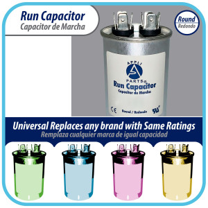 Appli Parts Run Capacitor for ac 25 Mfd uF (microfarads) 370 VAC or 450 VAC CBB65 Round Universal fit for hvac and other applications in High in Wide CON-25-450 