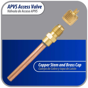 Appli Parts Valvula de acceso de 1/4 SAE x 1/4 pulg OD x con vastago de cobre de 10cm de largo con nucleo y tapa de laton con removedor de nucleo y empacadura APVS-14144